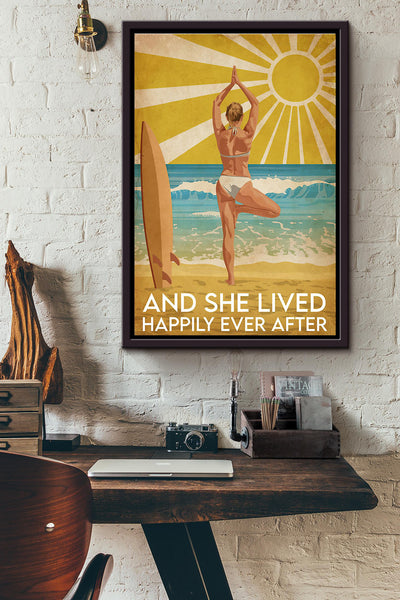 Sunburst Yoga Surfing She Lived Happily Ever After Poster Framed Matte Canvas