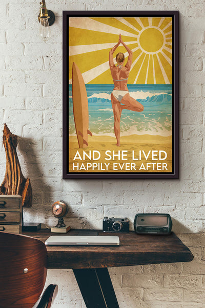 Sunburst Yoga Surfing She Lived Happily Ever After Poster Framed Matte Canvas