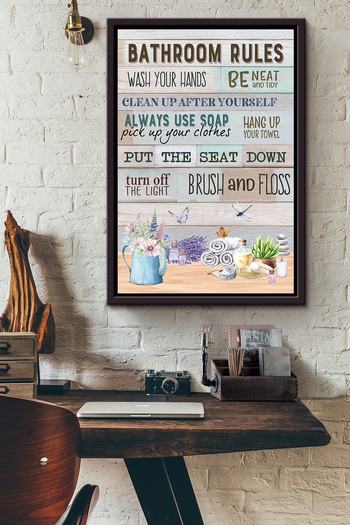 Bathroom Rules Brush And Floss Poster Framed Matte Canvas