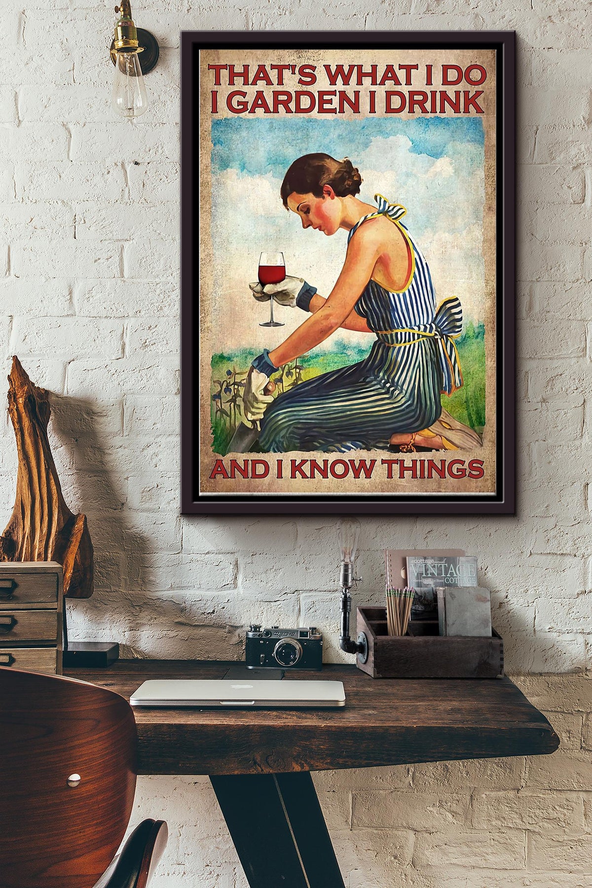 Gardening Girl And Wine Framed Matte Canvas
