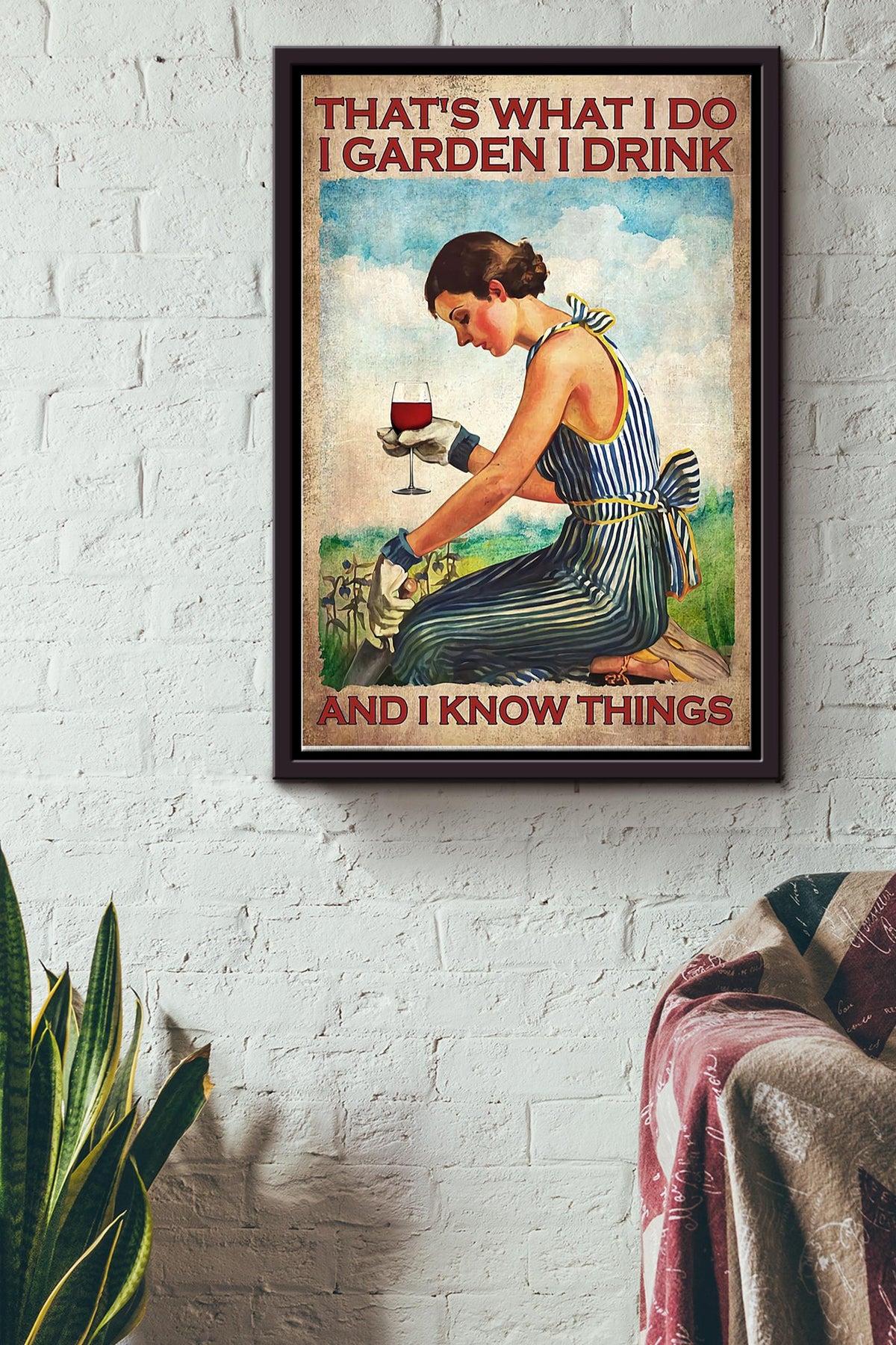 Gardening Girl And Wine Framed Matte Canvas