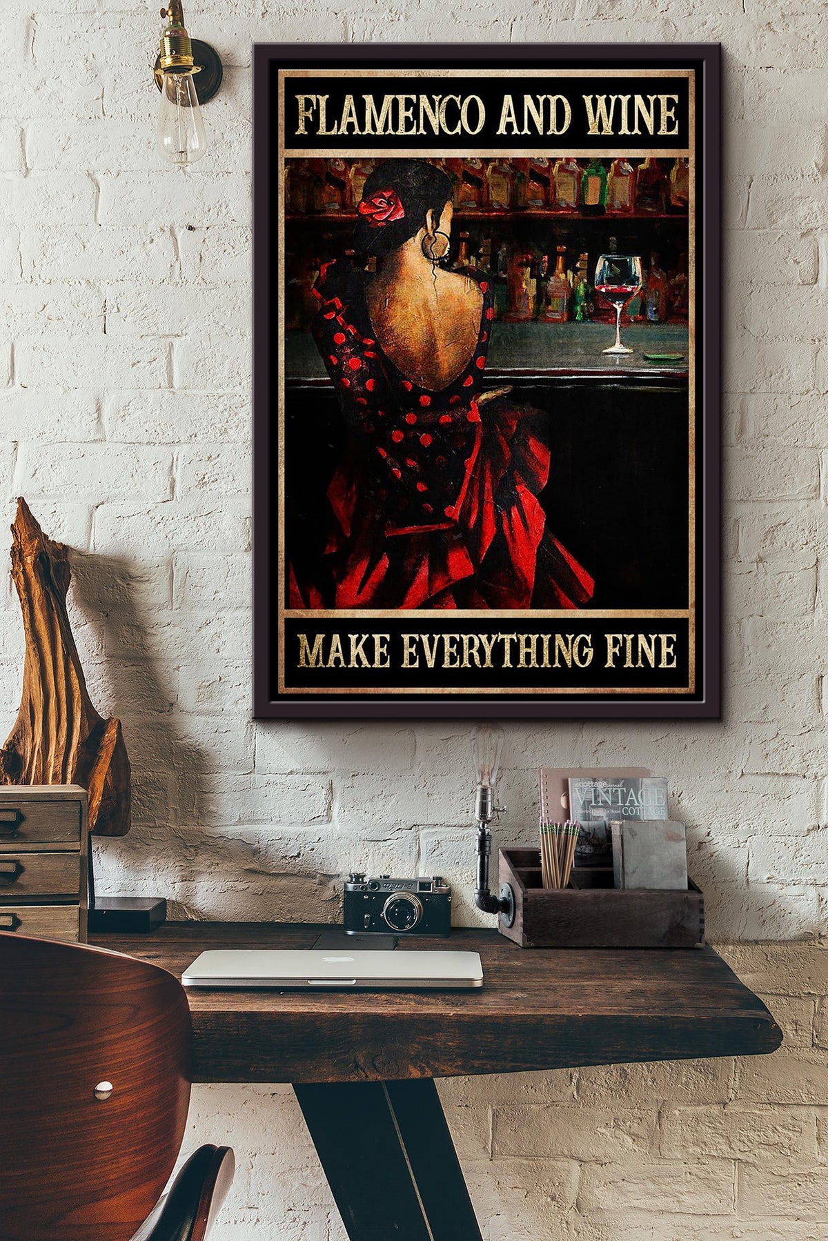 Flamenco And Red Wine Make Everything Fine Woman Sitting At The Bar Poster Framed Matte Canvas