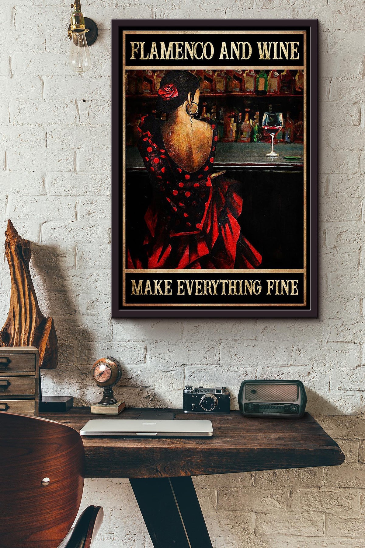 Flamenco And Red Wine Make Everything Fine Woman Sitting At The Bar Poster Framed Matte Canvas