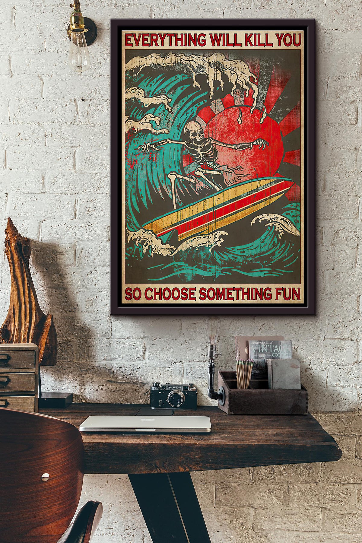 Skeleton Red Sun Surfing Everything Will Kill You Poster Framed Matte Canvas