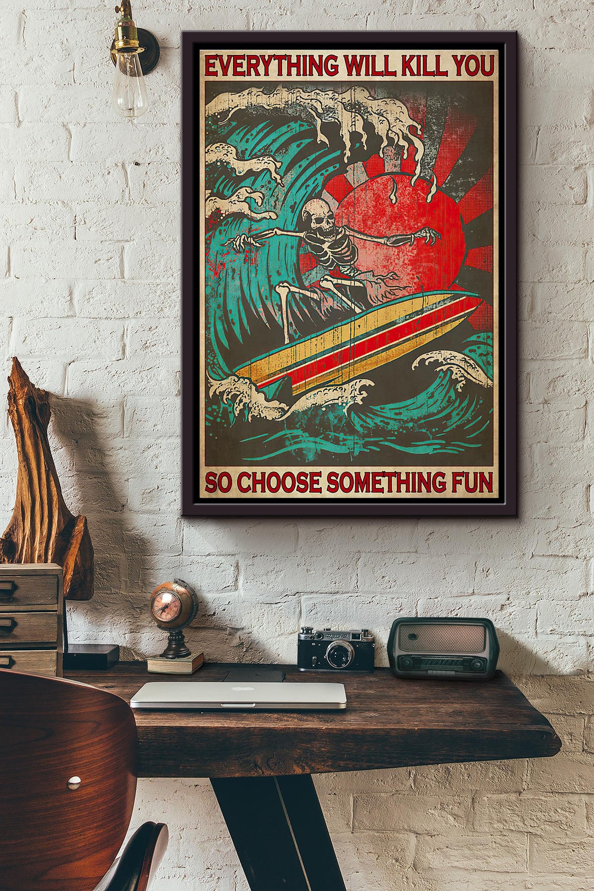Skeleton Red Sun Surfing Everything Will Kill You Poster Framed Matte Canvas