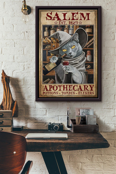 Salem Cat Drinking Wine Apothecary Elixirs Poster Framed Matte Canvas
