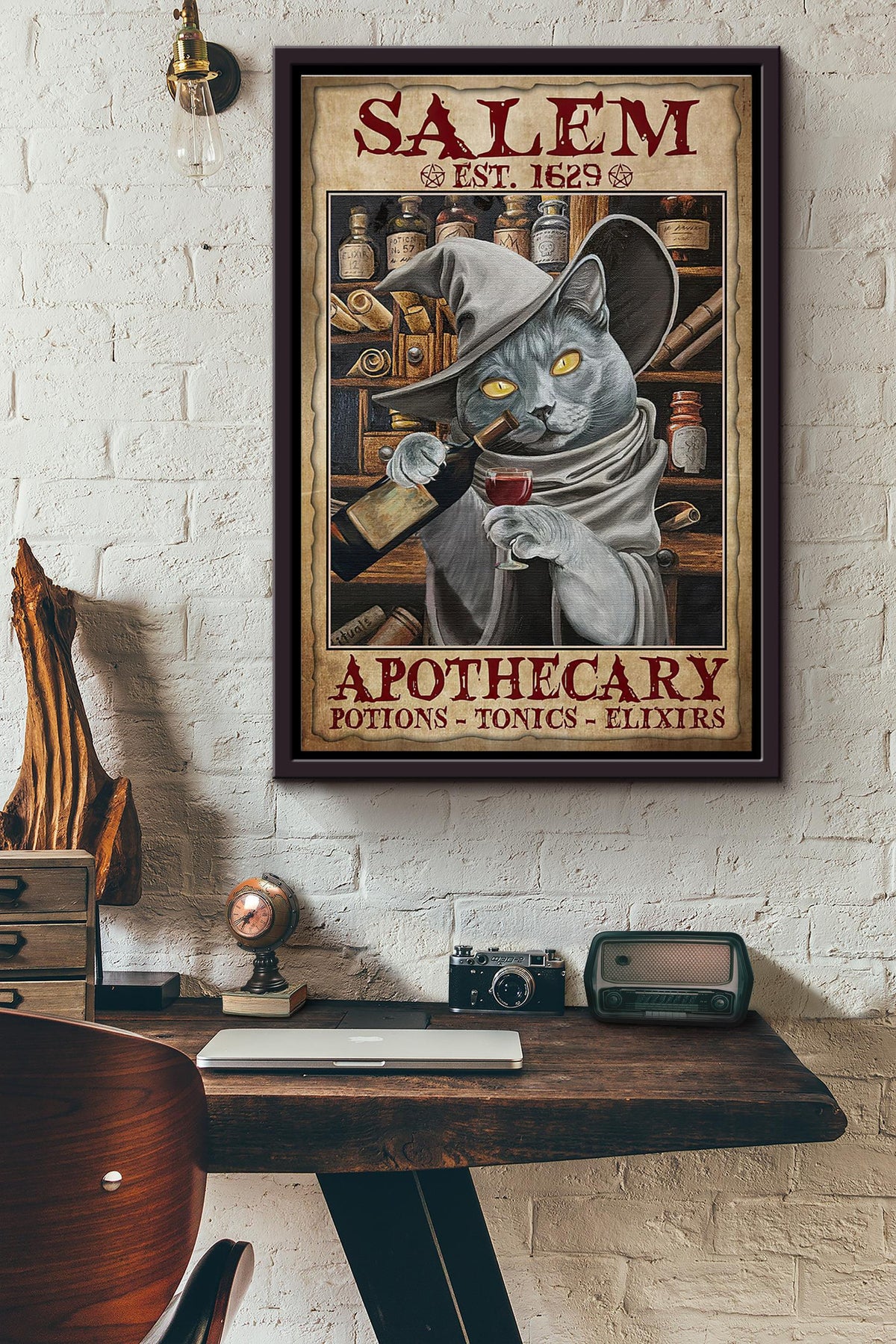 Salem Cat Drinking Wine Apothecary Elixirs Poster Framed Matte Canvas