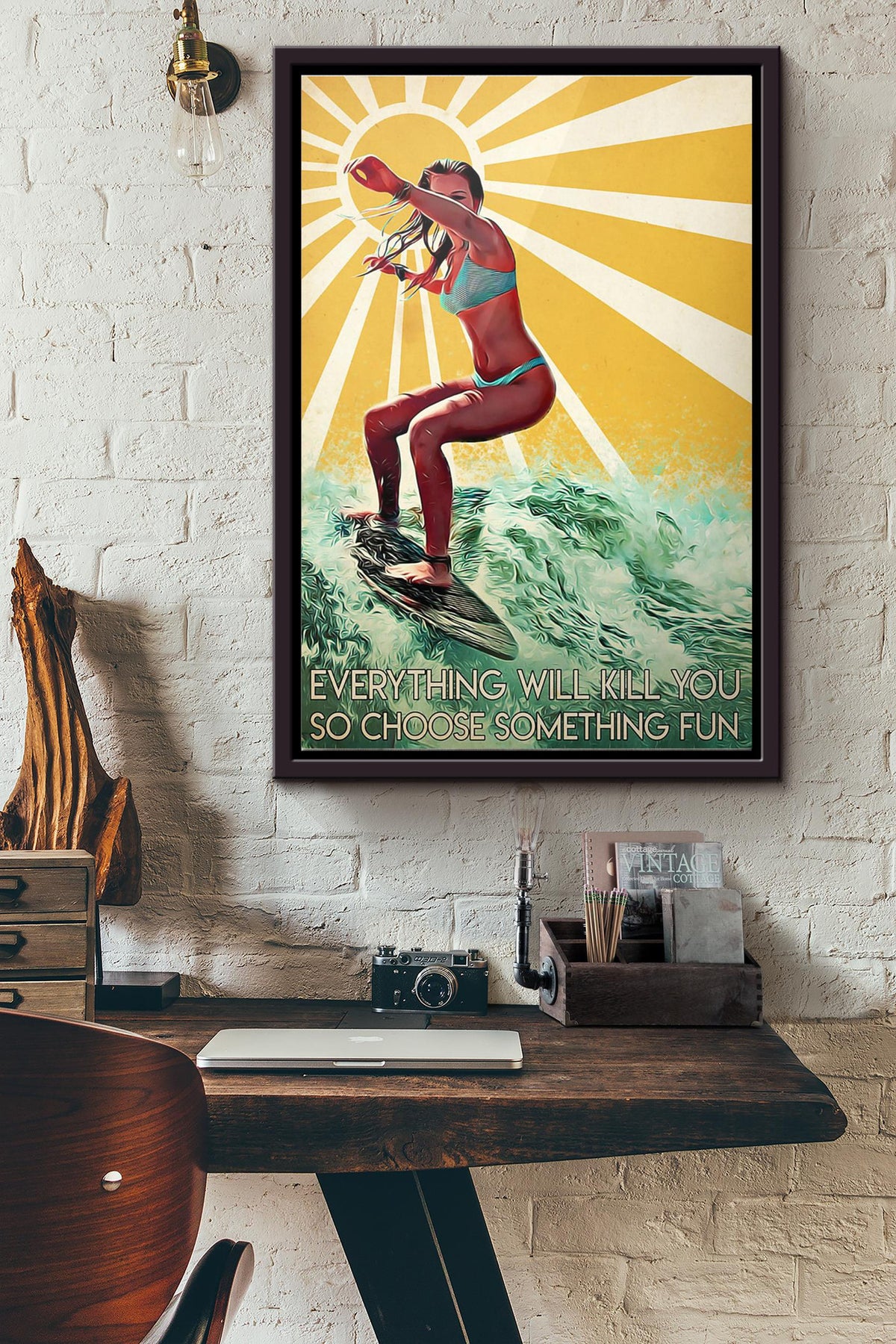 Surfing Girl Everything Will Kill You So Choose Something Fun Poster Framed Matte Canvas