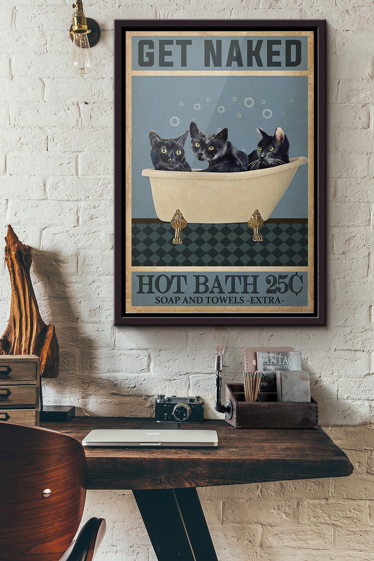 Cat Get Naked Hot Bath Soap And Towels Extra Poster Framed Matte Canvas