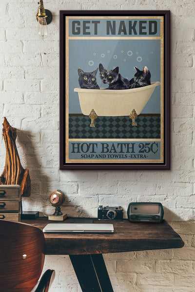 Cat Get Naked Hot Bath Soap And Towels Extra Poster Framed Matte Canvas