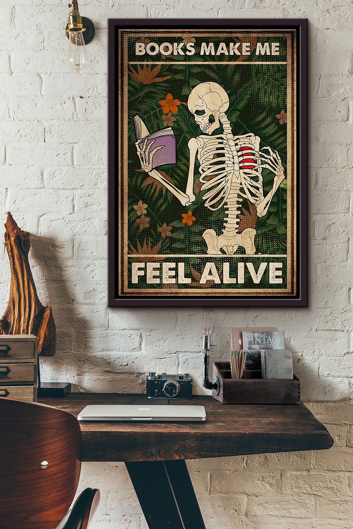 Skeleton Books Make Me Feel Alive Poster Framed Matte Canvas