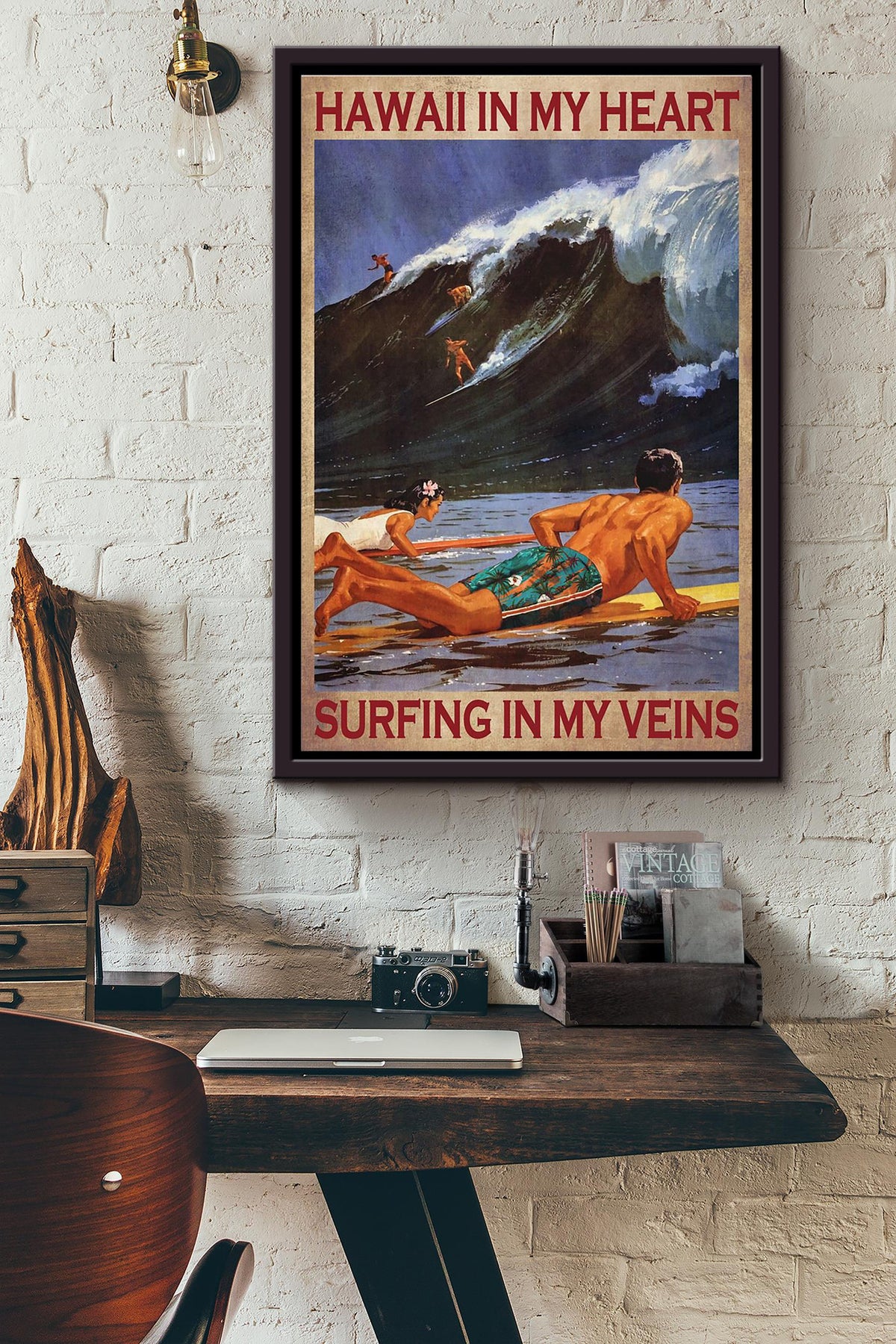 Hawaii In My Heart Surfing In My Veins Surfing Poster Framed Matte Canvas