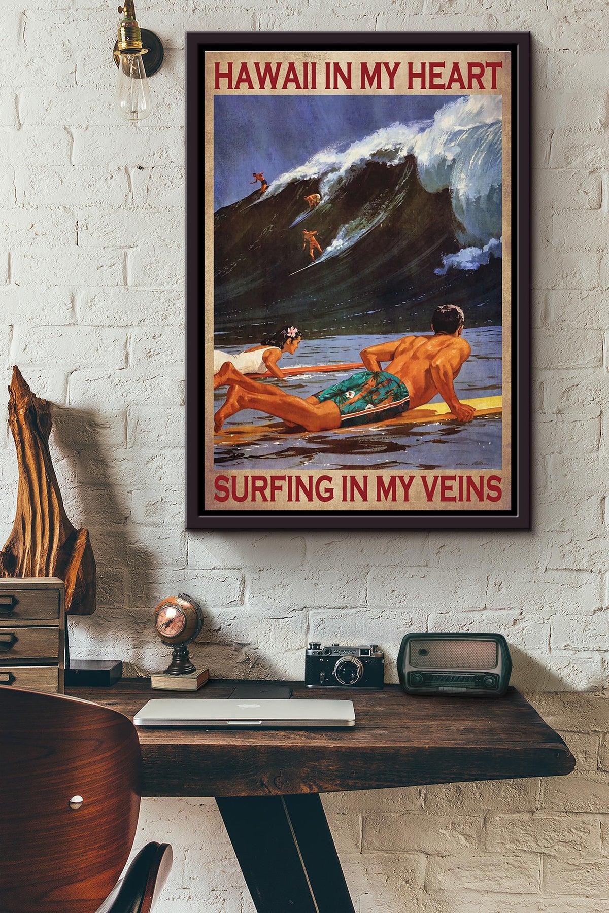 Hawaii In My Heart Surfing In My Veins Surfing Poster Framed Matte Canvas