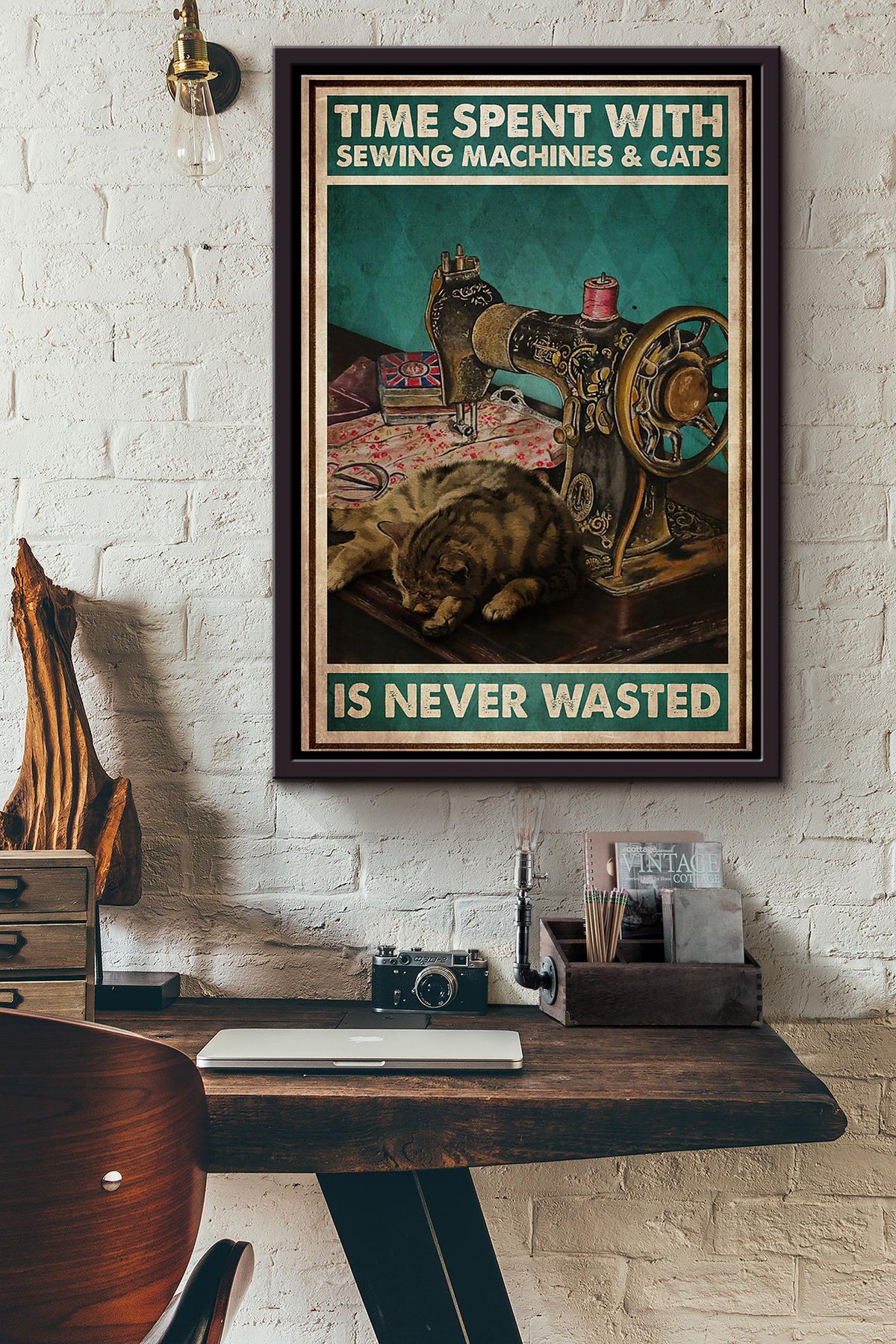 Time Spent With Sewing Machine And Cats Is Never Wasted Poster Framed Matte Canvas