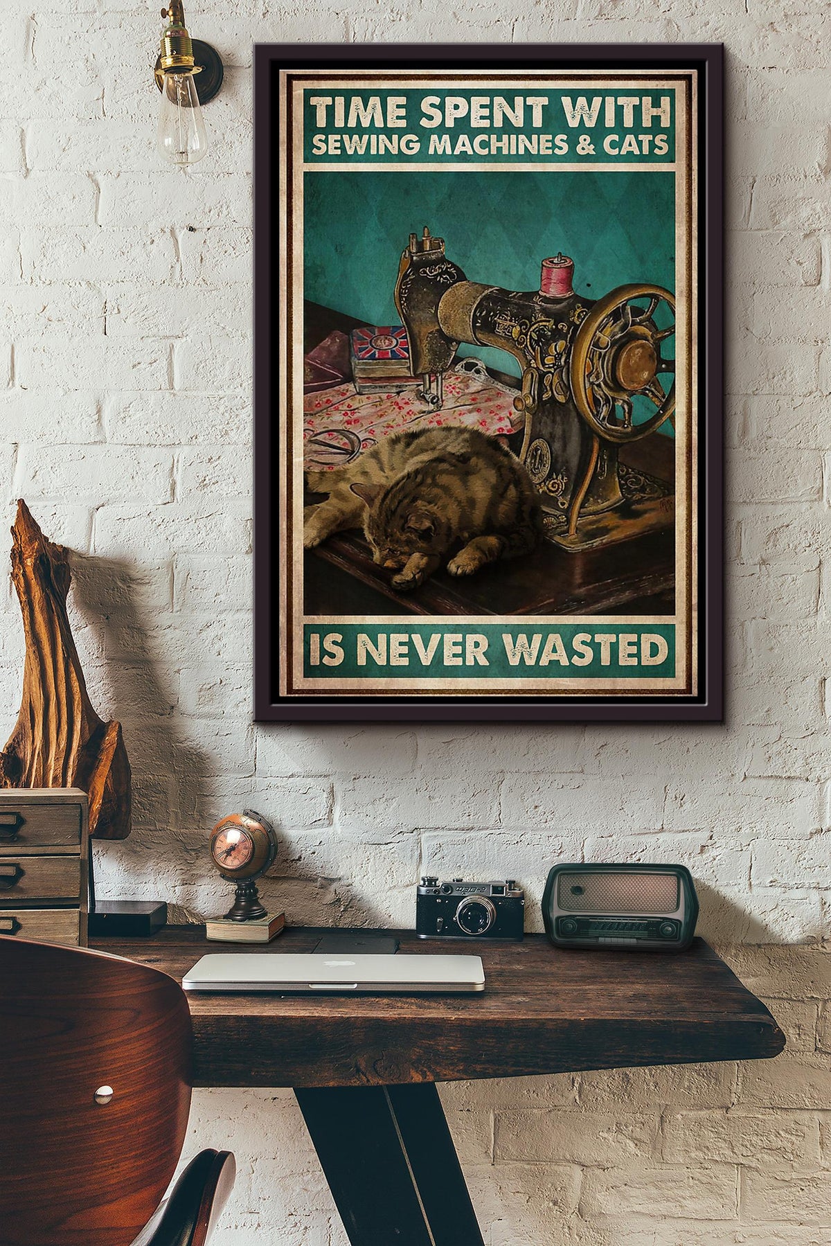 Time Spent With Sewing Machine And Cats Is Never Wasted Poster Framed Matte Canvas