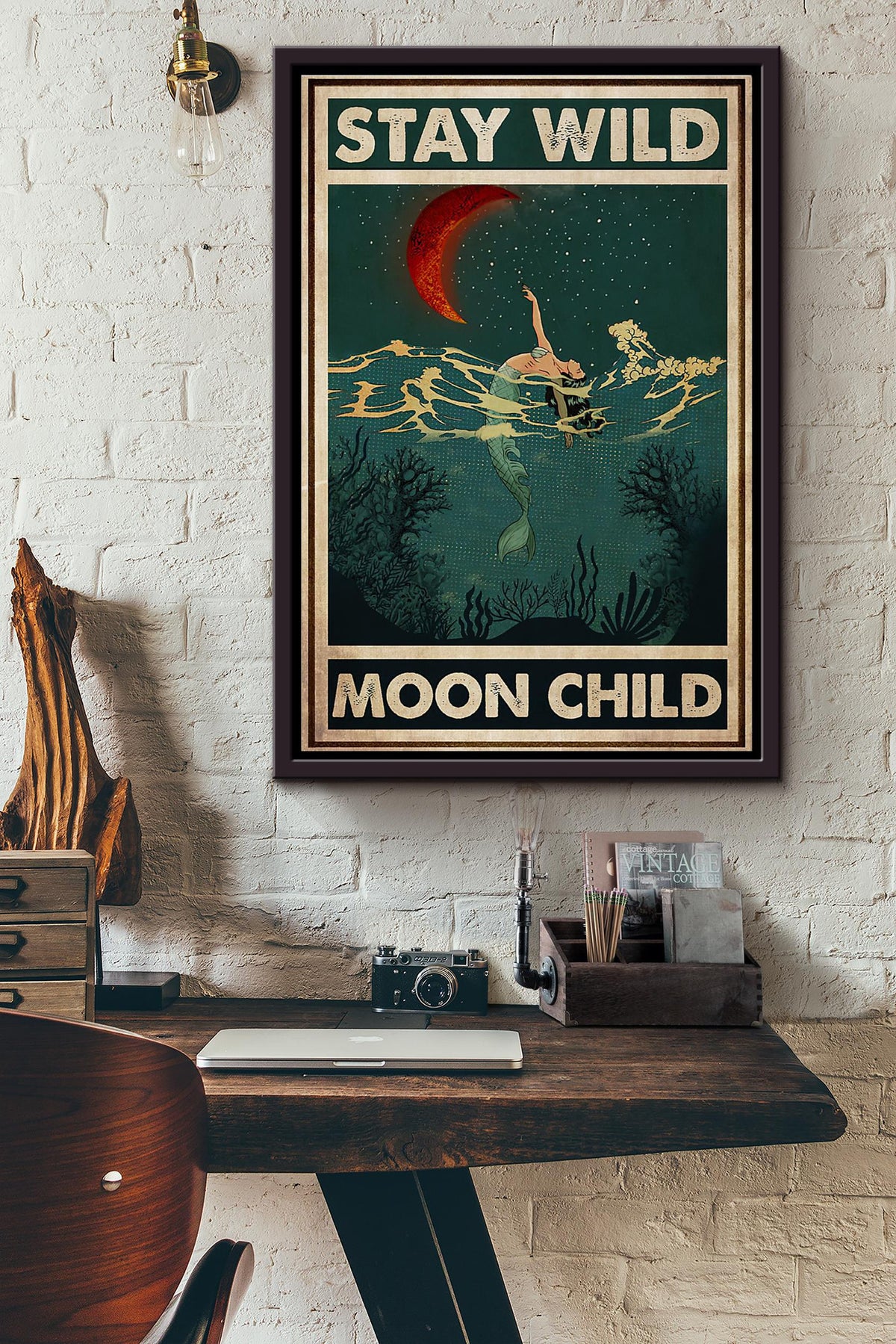 Mermaid Stay Wild Moon Child Starry Poster Framed Matte Canvas