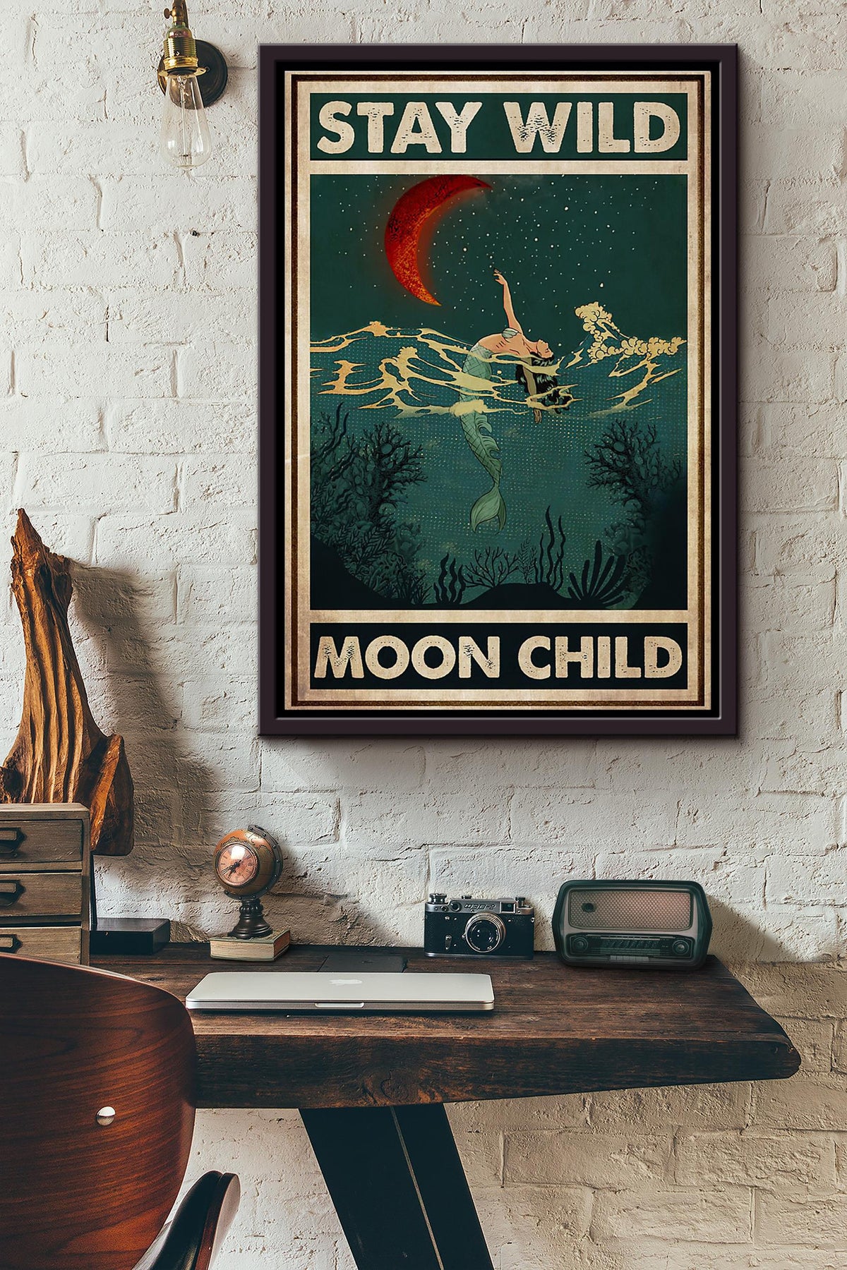 Mermaid Stay Wild Moon Child Starry Poster Framed Matte Canvas