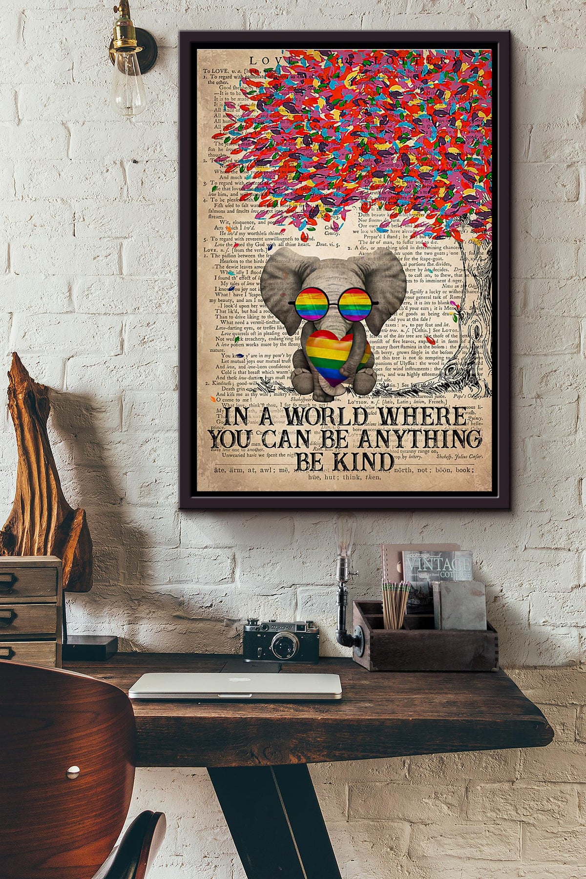 Lgbt Elephant Tree In A World Where You Can Be Anything Be Kind Dictionary Poster Framed Matte Canvas
