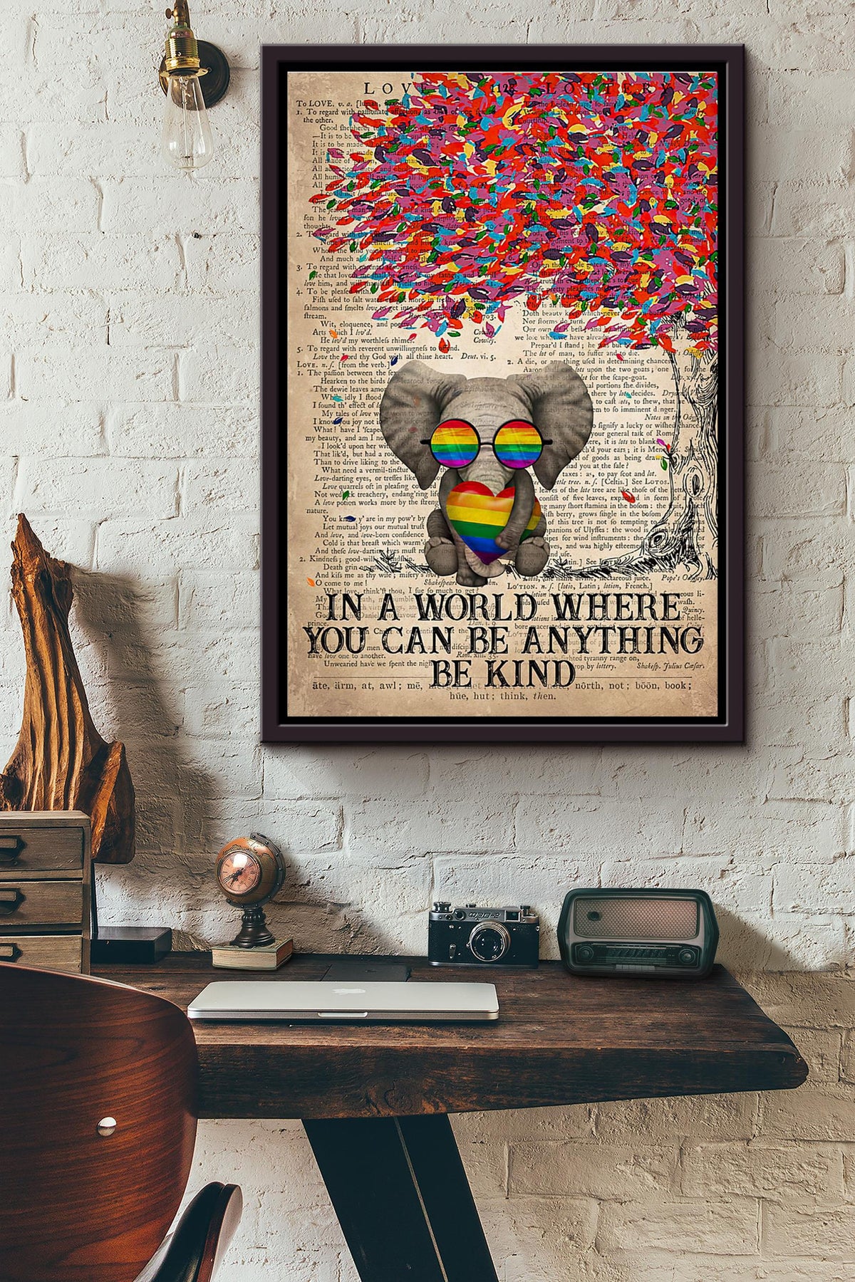 Lgbt Elephant Tree In A World Where You Can Be Anything Be Kind Dictionary Poster Framed Matte Canvas