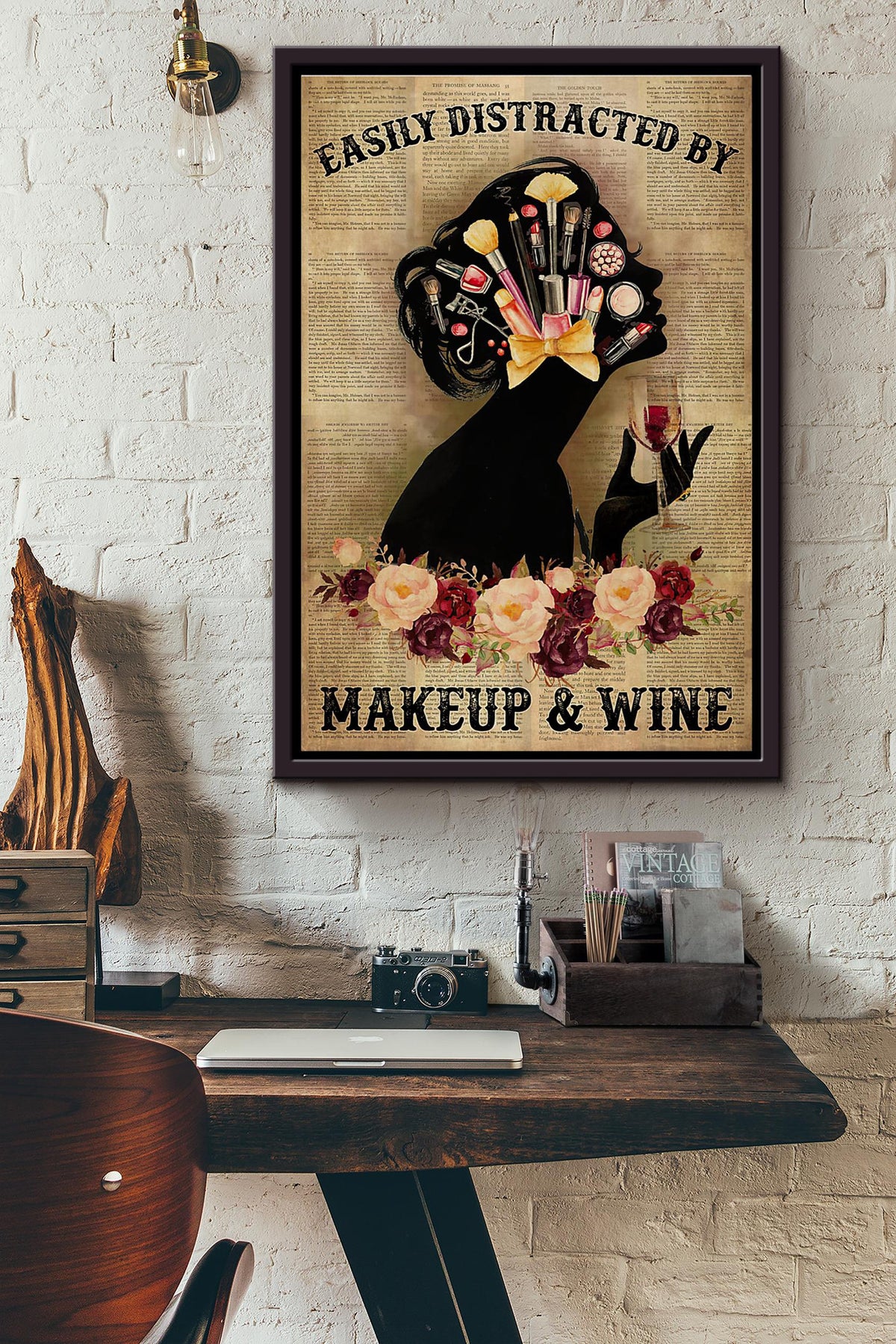 Easily Distracted By Makeup And Wine Dictionary Poster Framed Matte Canvas