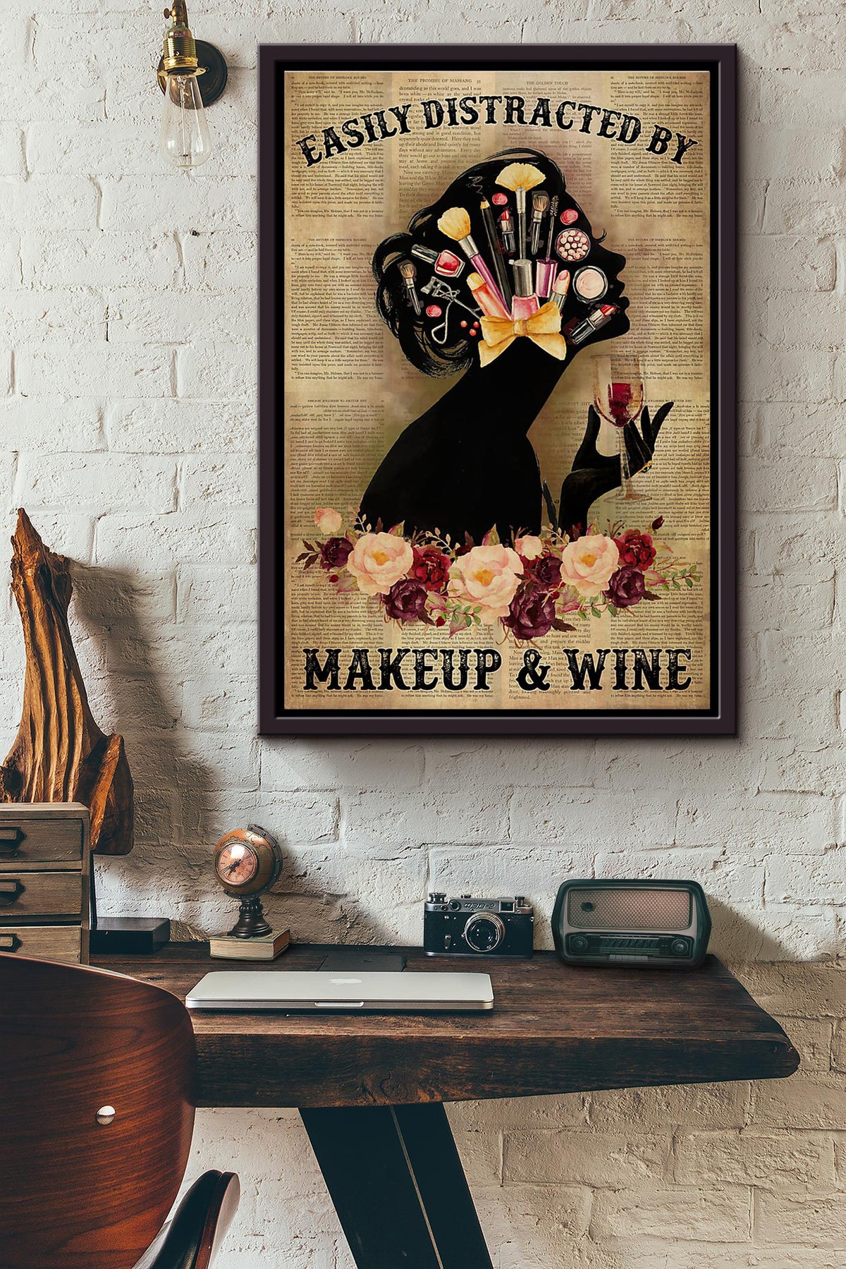 Easily Distracted By Makeup And Wine Dictionary Poster Framed Matte Canvas