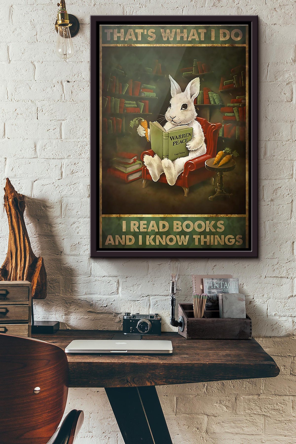 Rabbit Librarian Thats What I Do I Read Books And I Know Things Poster Framed Matte Canvas