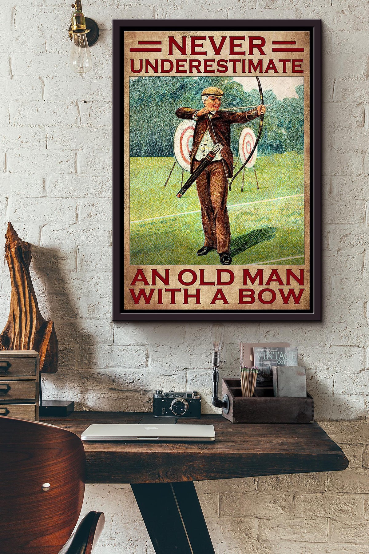 Never Underestimate An Old Man With A Bow Poster Framed Matte Canvas