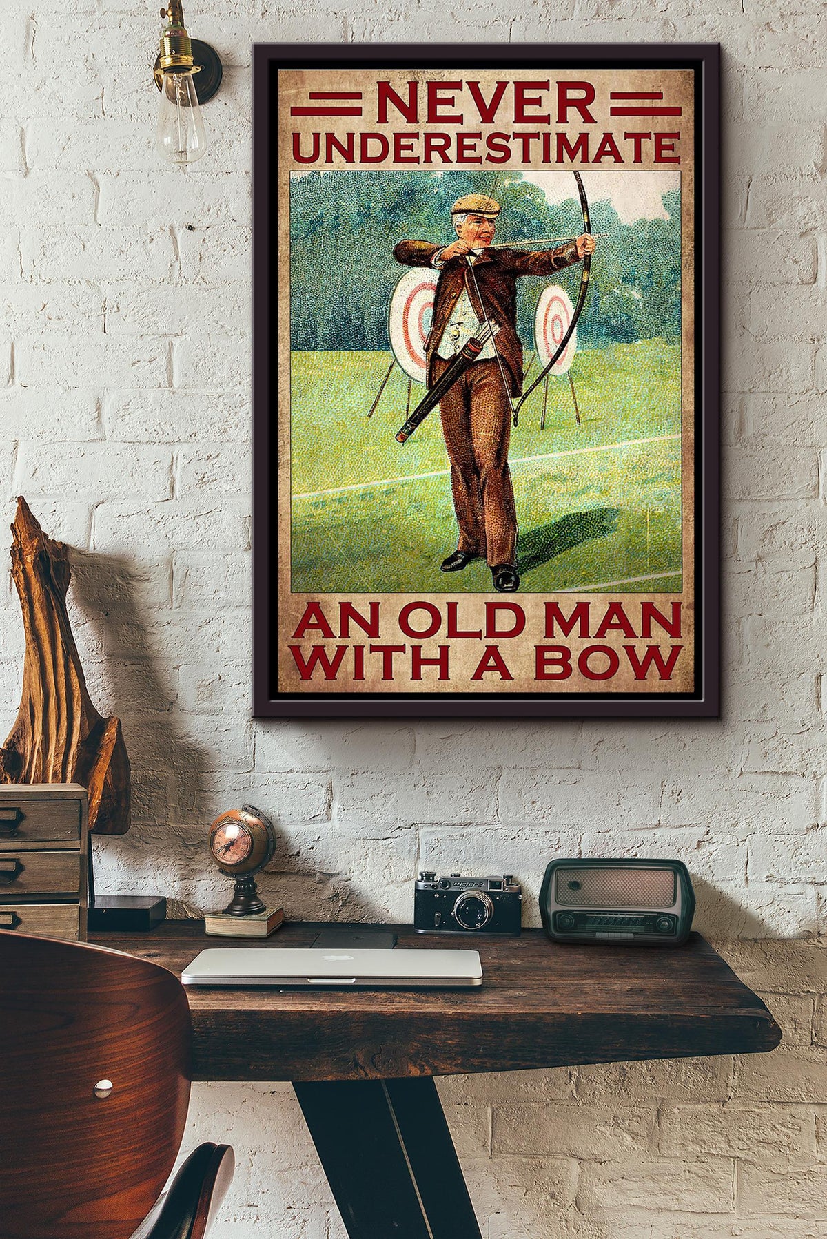 Never Underestimate An Old Man With A Bow Poster Framed Matte Canvas