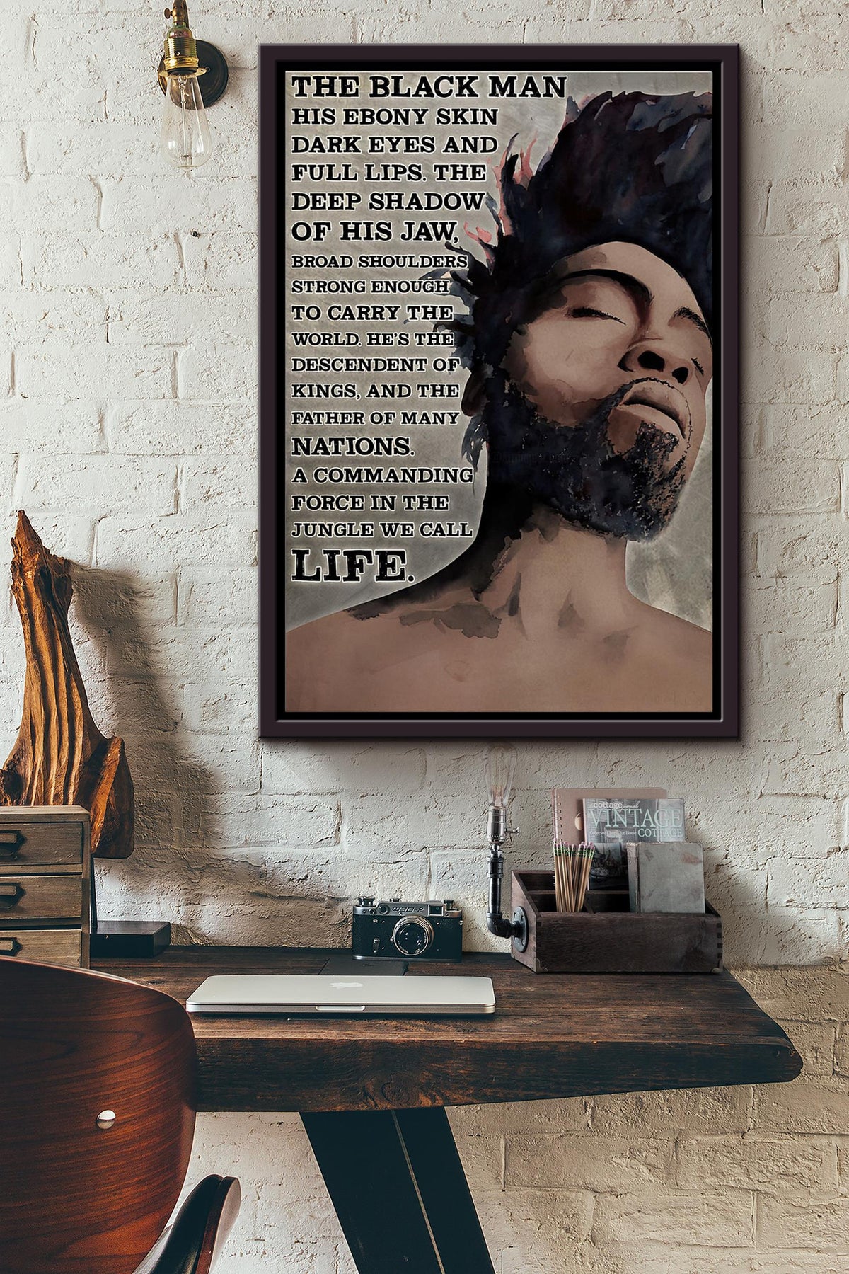 The Black Man His Ebony Skin Dark Eyes And Full Lips The Deep Shadow Of His Jaw Poster Framed Matte Canvas