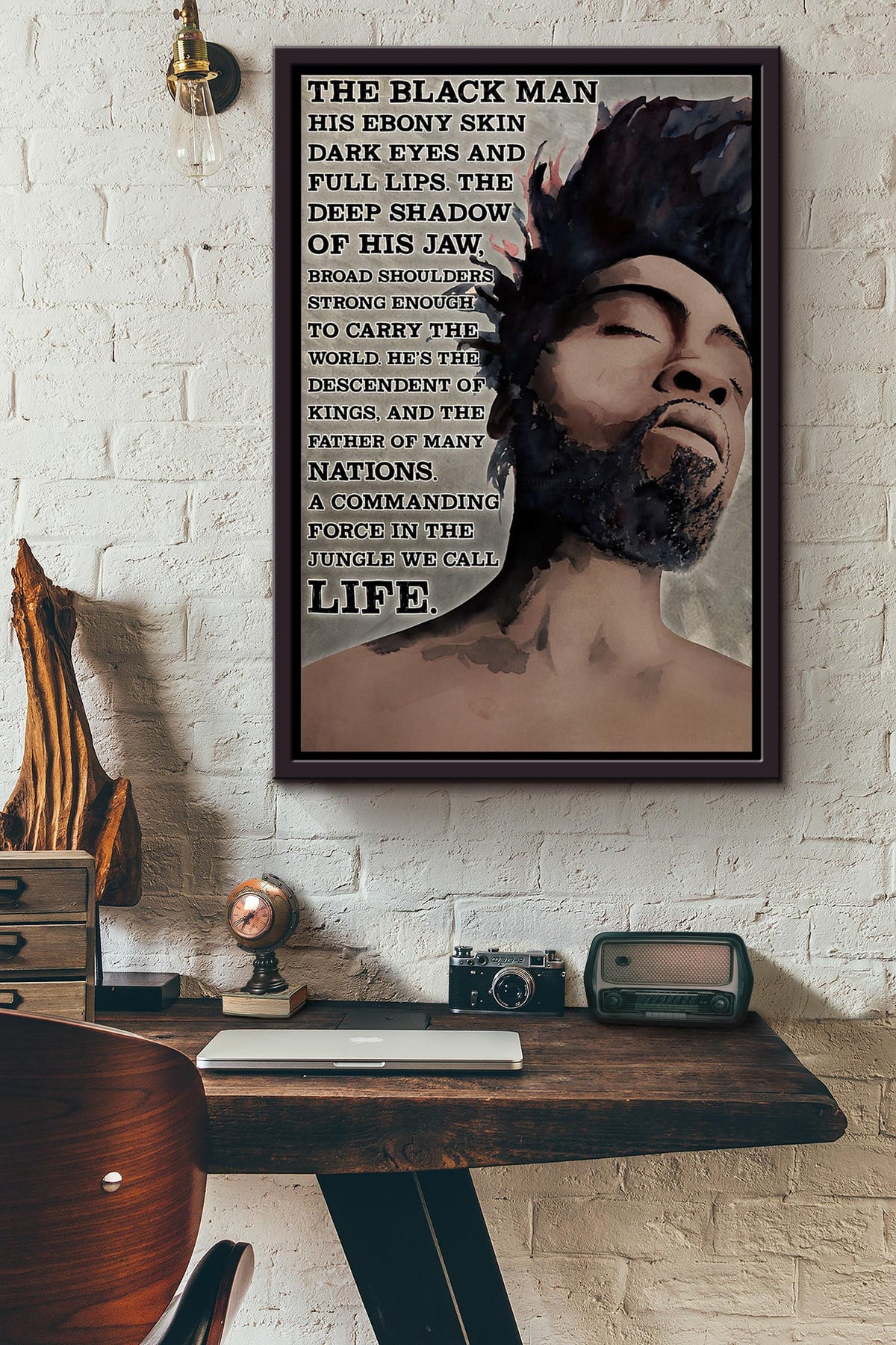 The Black Man His Ebony Skin Dark Eyes And Full Lips The Deep Shadow Of His Jaw Poster Framed Matte Canvas