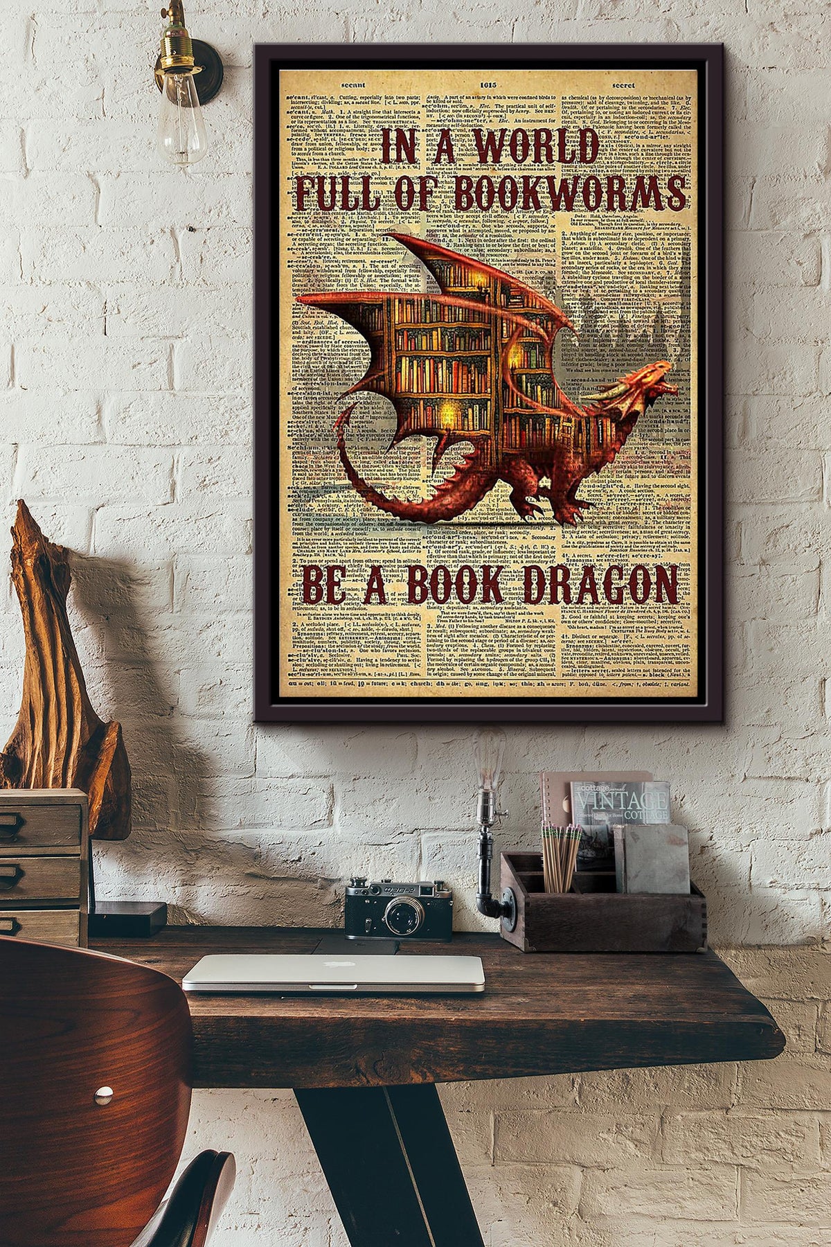 In A World Full Of Bookworms Be A Book Dragon Dragon Bookcase Poster Framed Matte Canvas