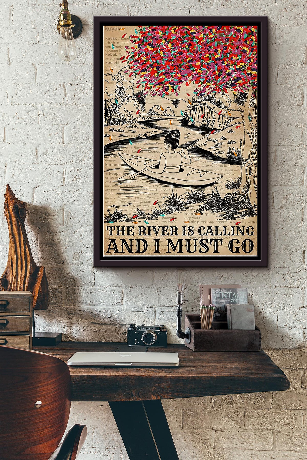 The River Is Calling And I Must Go Kayaking Girl Vintage Poster Framed Matte Canvas