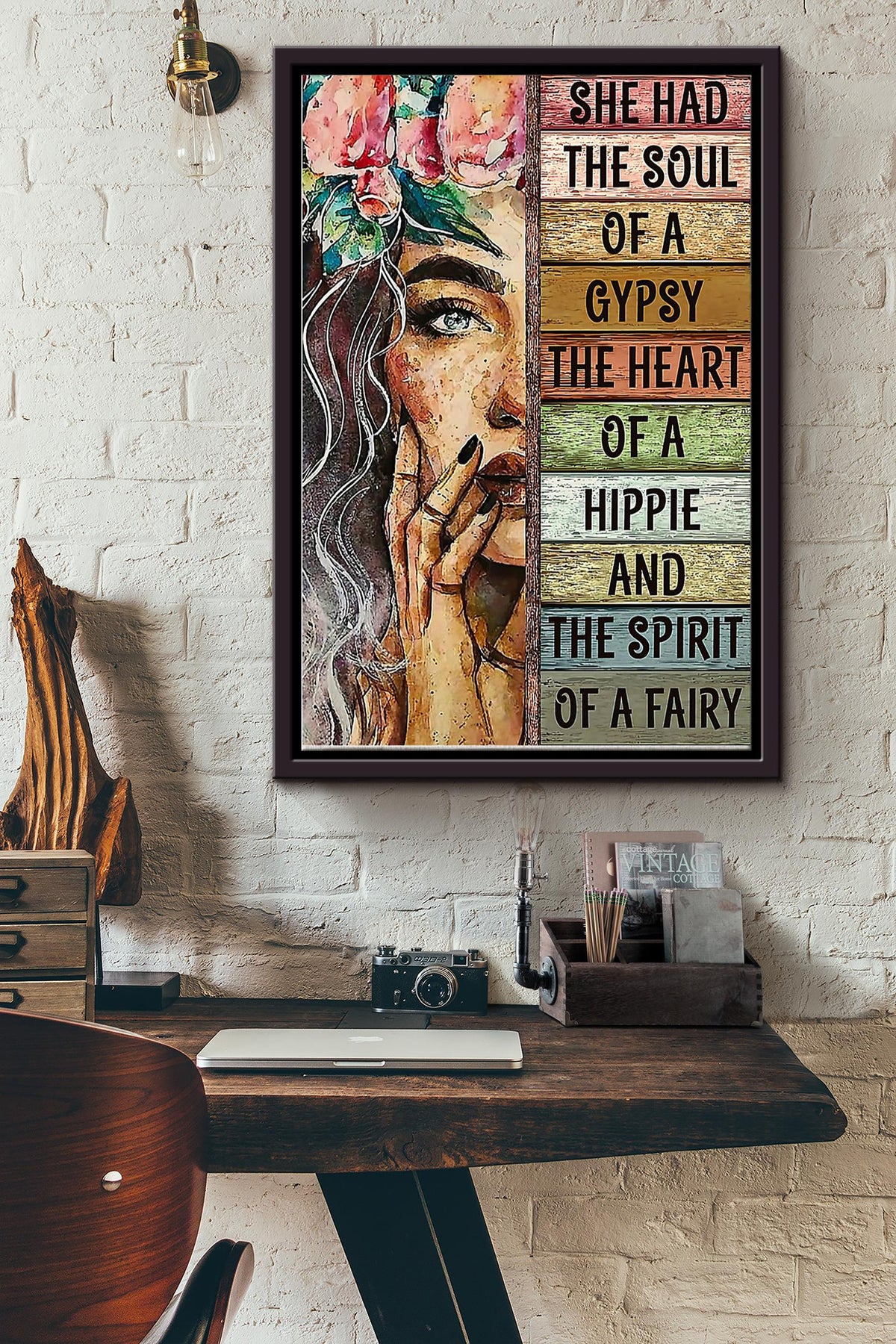 She Had The Soul Of A Gypsy Whe Heart Of A Hippie The Spirit Of A Fairy Hippie Girl With Flowers Poster Framed Matte Canvas