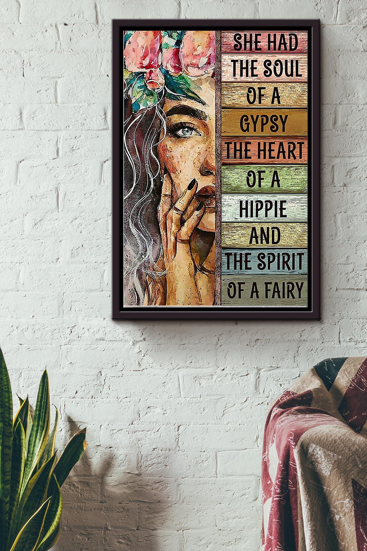 She Had The Soul Of A Gypsy Whe Heart Of A Hippie The Spirit Of A Fairy Hippie Girl With Flowers Poster Framed Matte Canvas