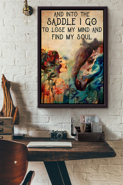 Into The Saddle I Go To Lose My Mind And Find My Soul Colorful Horse And Beatiful Girl Poster Framed Matte Canvas
