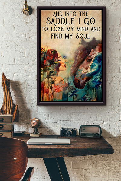 Into The Saddle I Go To Lose My Mind And Find My Soul Colorful Horse And Beatiful Girl Poster Framed Matte Canvas
