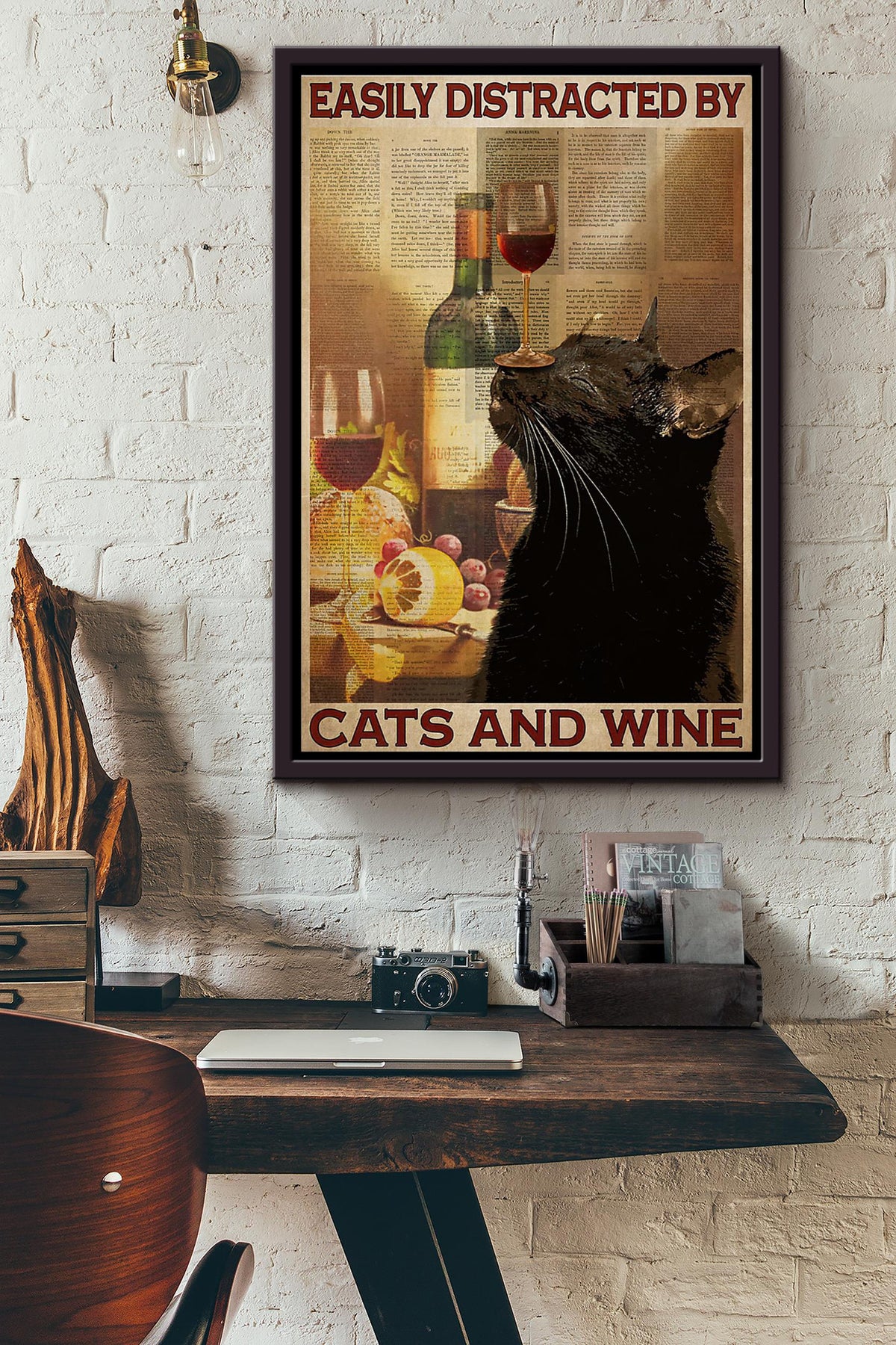 Easily Distracted By Cats And Wine Dictionary Poster Framed Matte Canvas