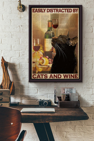 Easily Distracted By Cats And Wine Dictionary Poster Framed Matte Canvas
