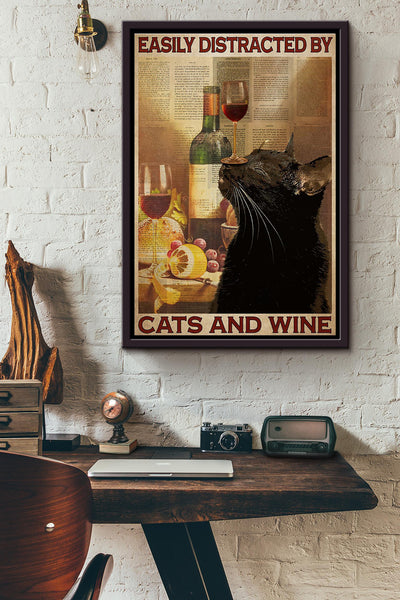 Easily Distracted By Cats And Wine Dictionary Poster Framed Matte Canvas