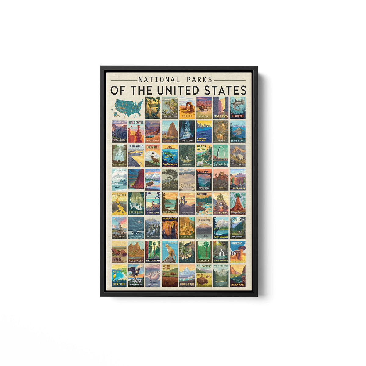 National Parks Of The United States Poster Framed Matte Canvas