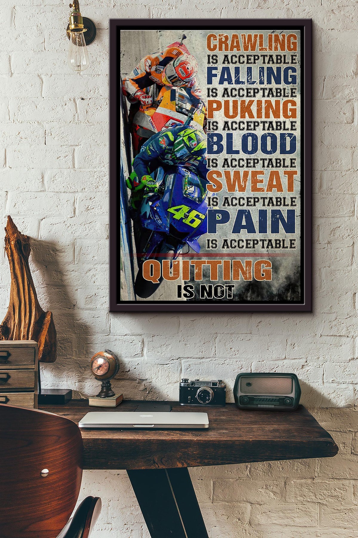 Crawling Falling Ouking Blood Sweat Pain Is All Acceptable But Quitting Motorcycle Racing Poster Framed Matte Canvas