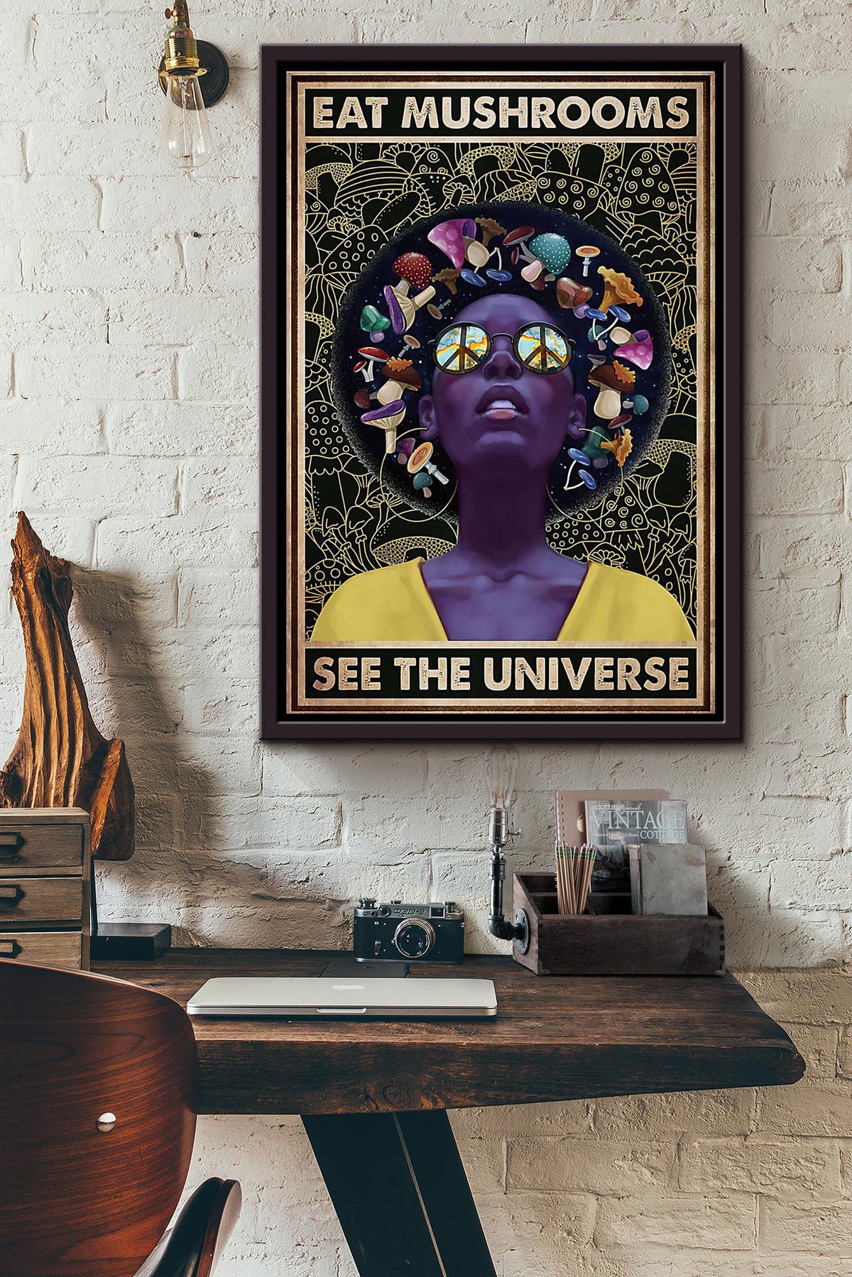 Hippie Afro Eat Mushrooms See The Universe Poster Framed Matte Canvas