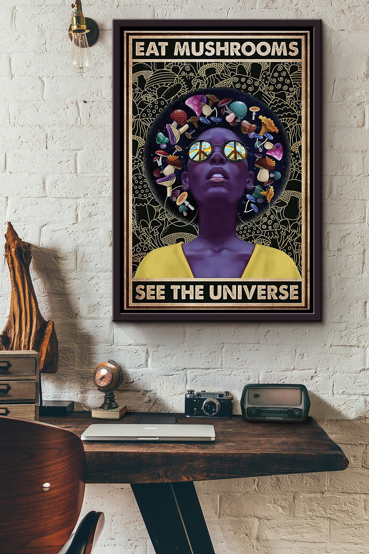 Hippie Afro Eat Mushrooms See The Universe Poster Framed Matte Canvas