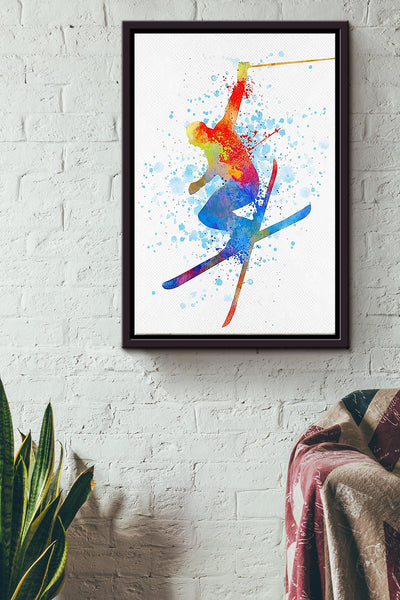 Skiing Watercolor Colorful Poster Framed Matte Canvas