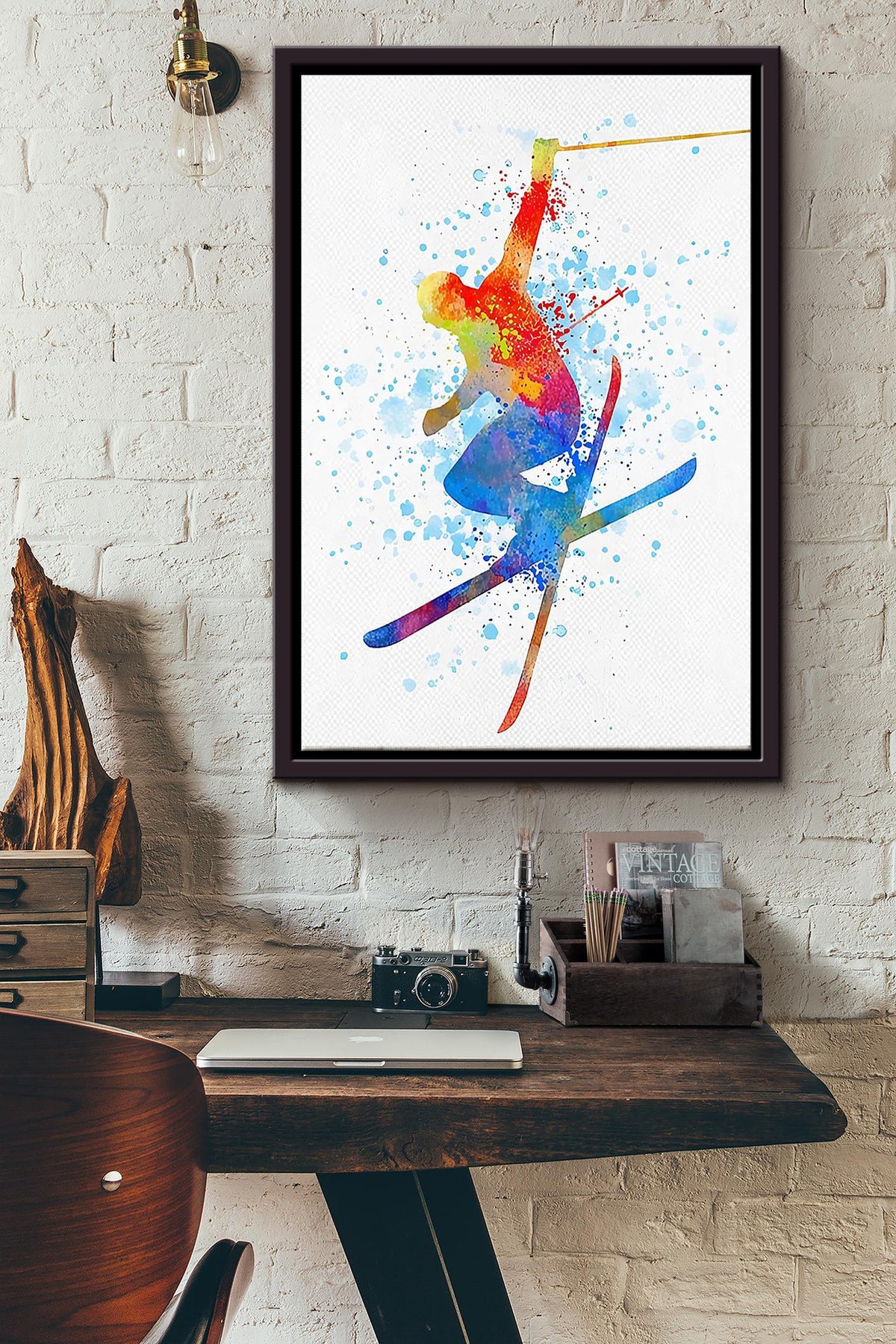Skiing Watercolor Colorful Poster Framed Matte Canvas