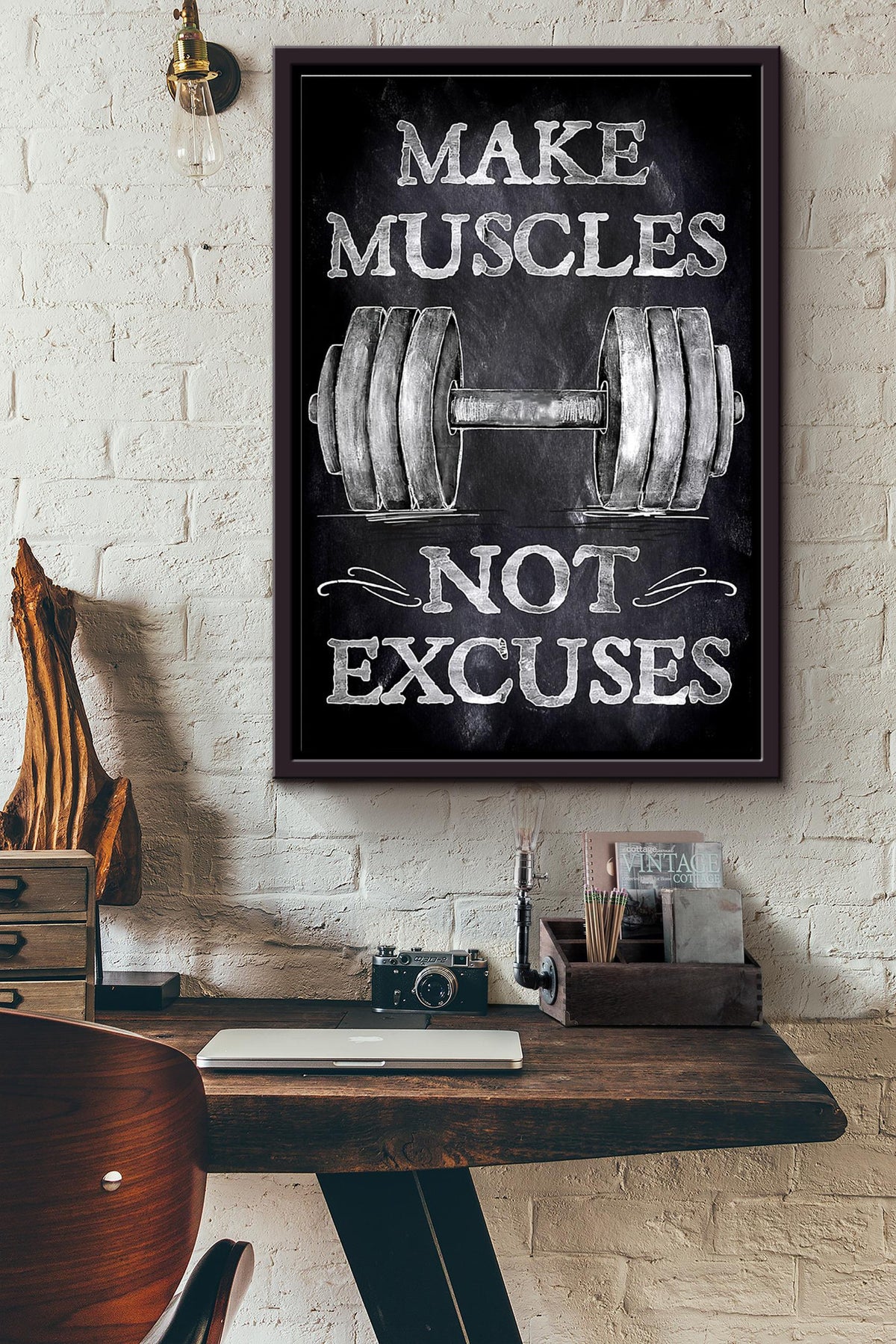 Make Muscles Not Excuses Dumbbell Poster Framed Matte Canvas