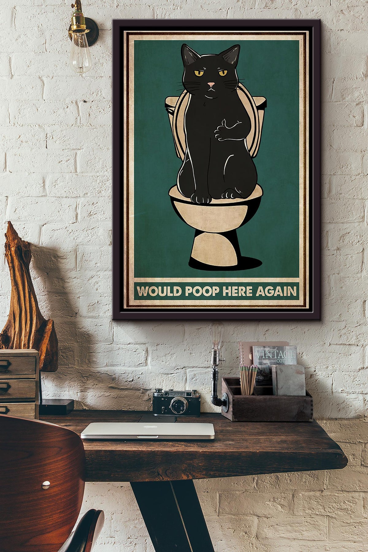 Black Cat Toilet Would Poop Here Again Poster Framed Matte Canvas