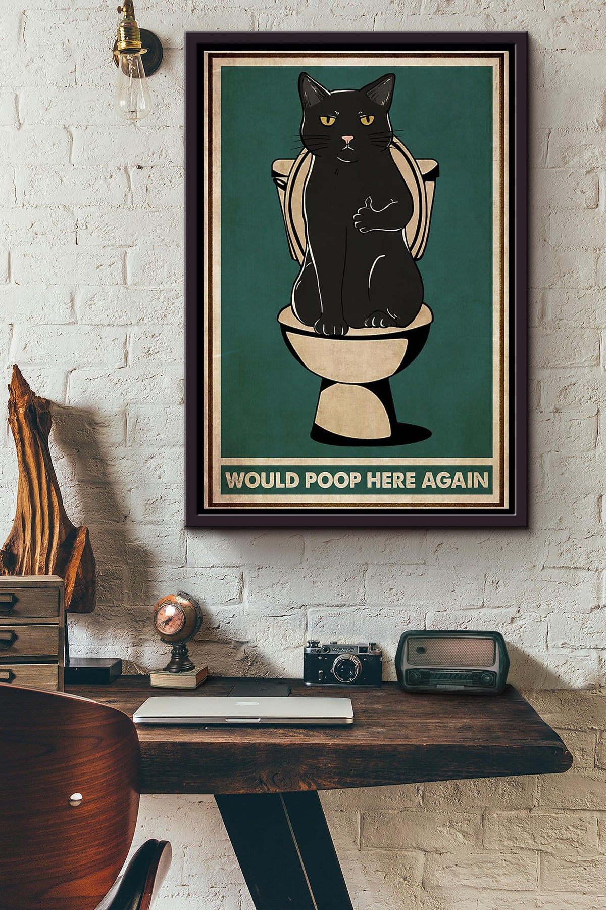 Black Cat Toilet Would Poop Here Again Poster Framed Matte Canvas