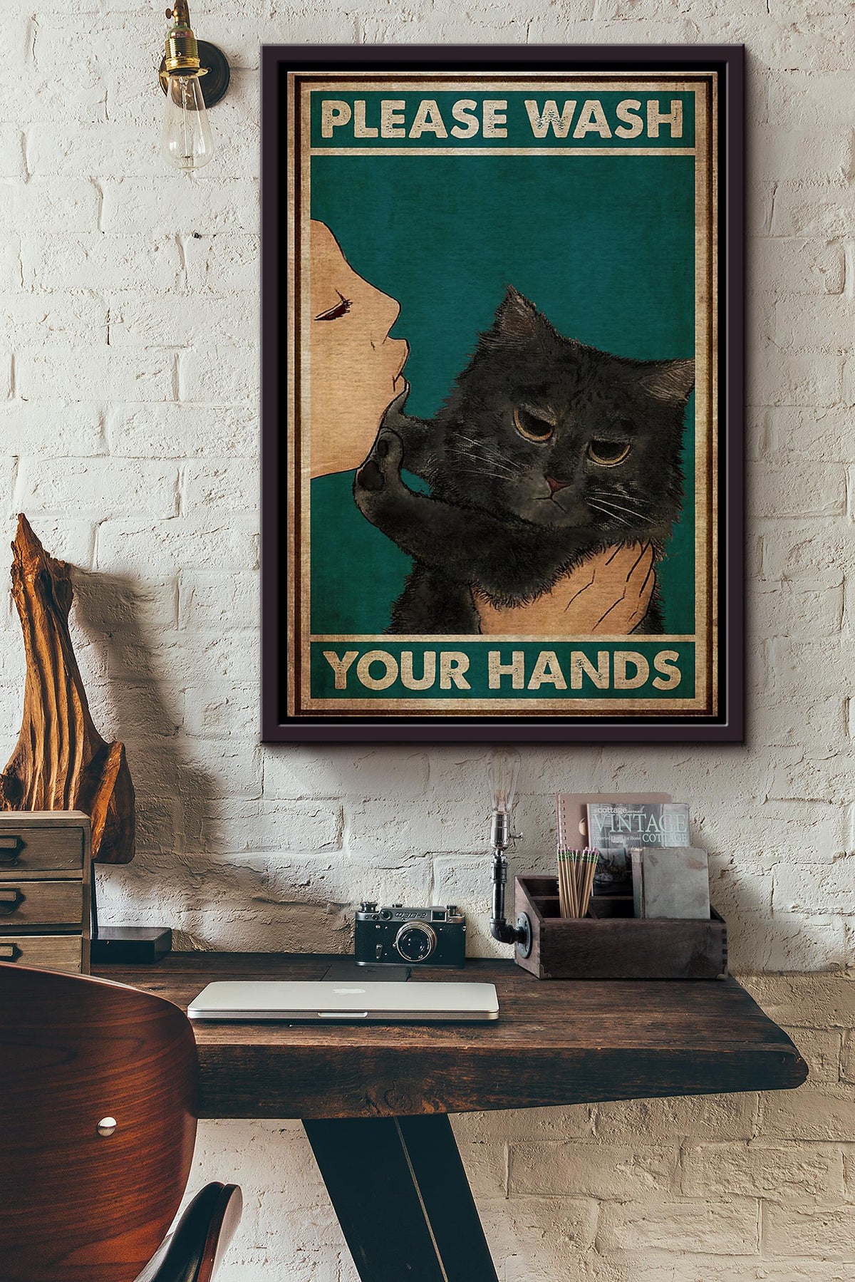 Black Cats Meme Please Wash Your Hands Poster Framed Matte Canvas