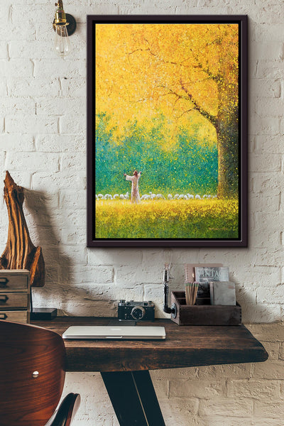 Jesus In Yelow Flower Field With Sheeps Poster Framed Matte Canvas
